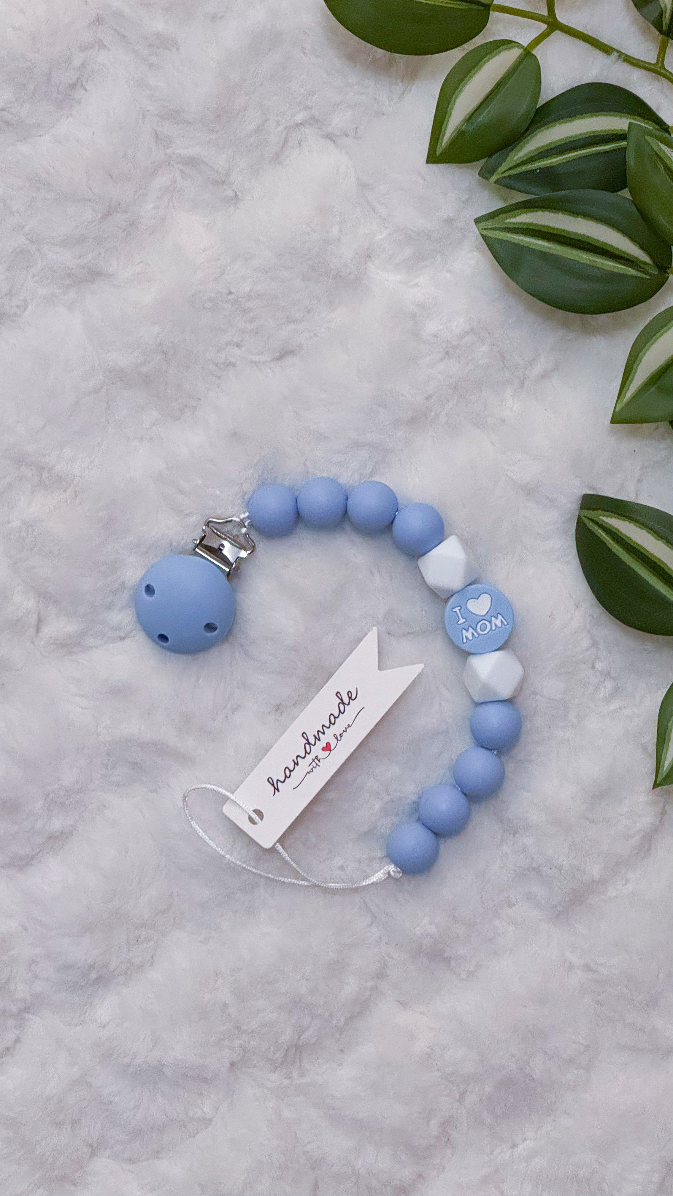 Outseam Pacifier Clip I Love Mom — handmade pacifier holder with silicone beads